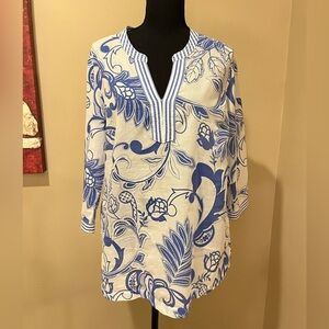 Talbots Women's Blue Long Sleeve Cotton Floral Top Size Medium